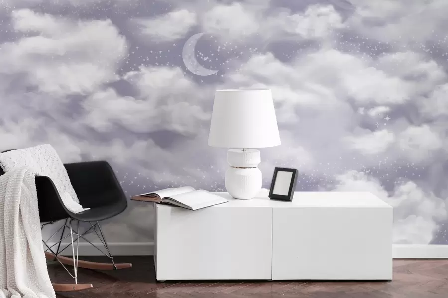 Fototapety Hviezdna obloha s mesiacom a mrakmi, zasnené, éterické, jemné fialové farby w02515v4