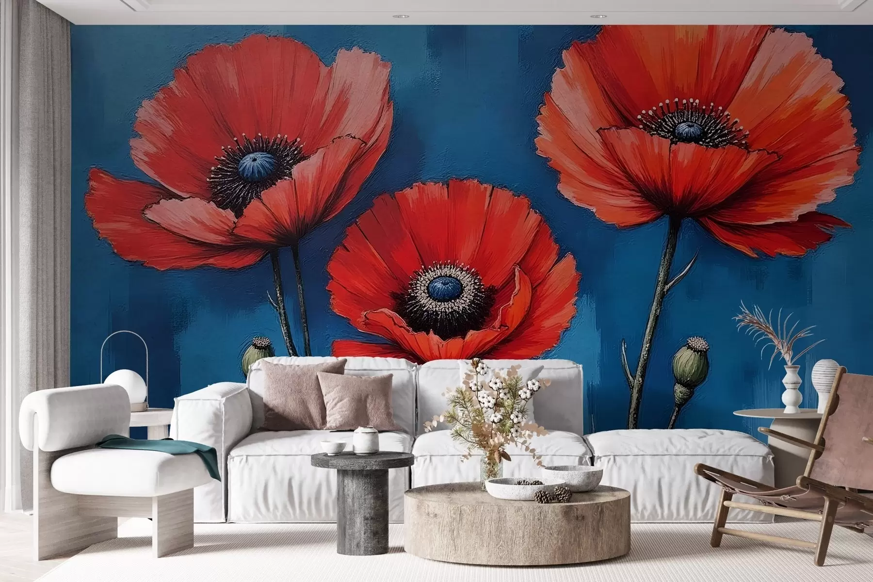 Fototapety Maľované červené maky na modrej betónovej stene w02609