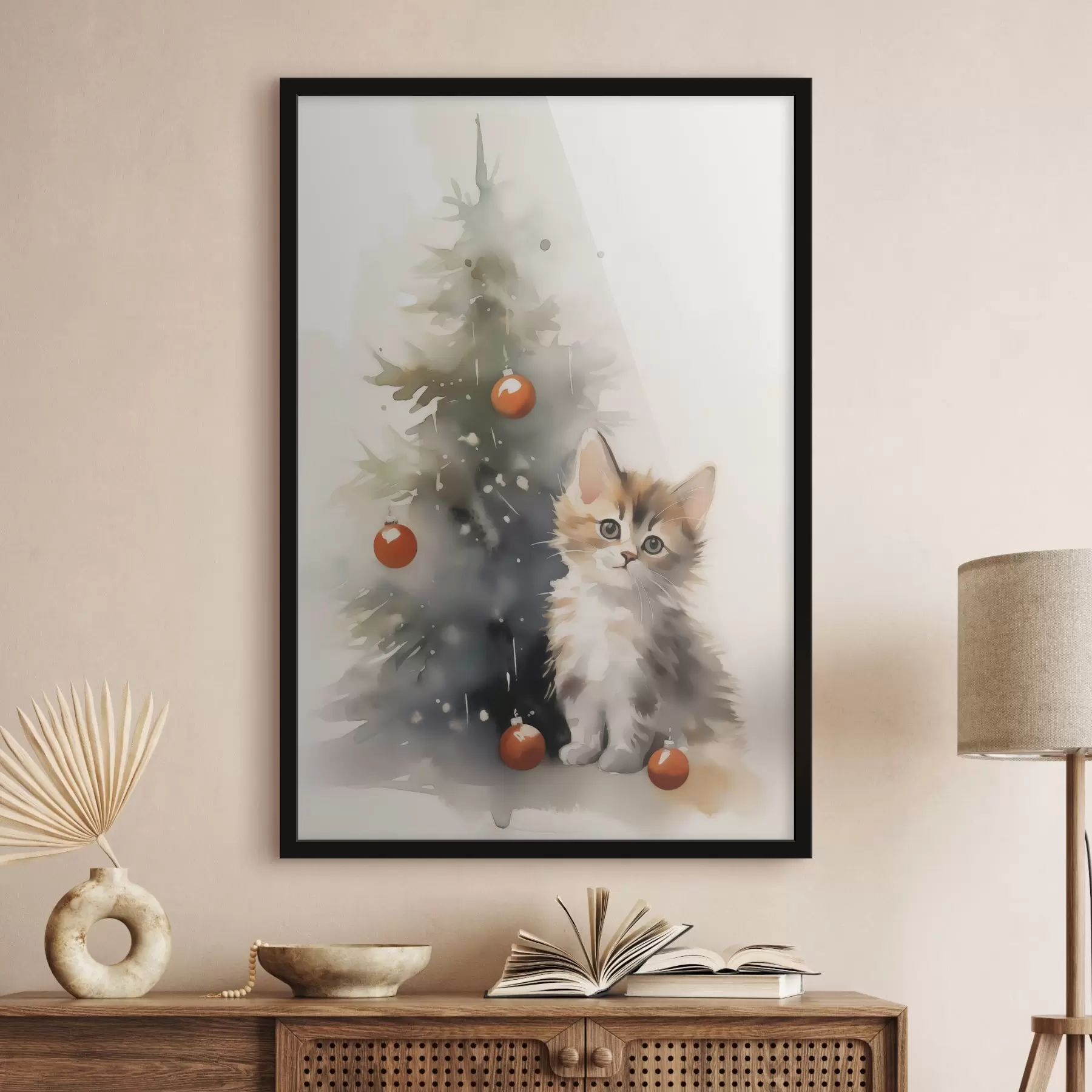 Fototapety Mačiatko pri vianočnom stromčeku imitácia mokrého akvarelu f42140