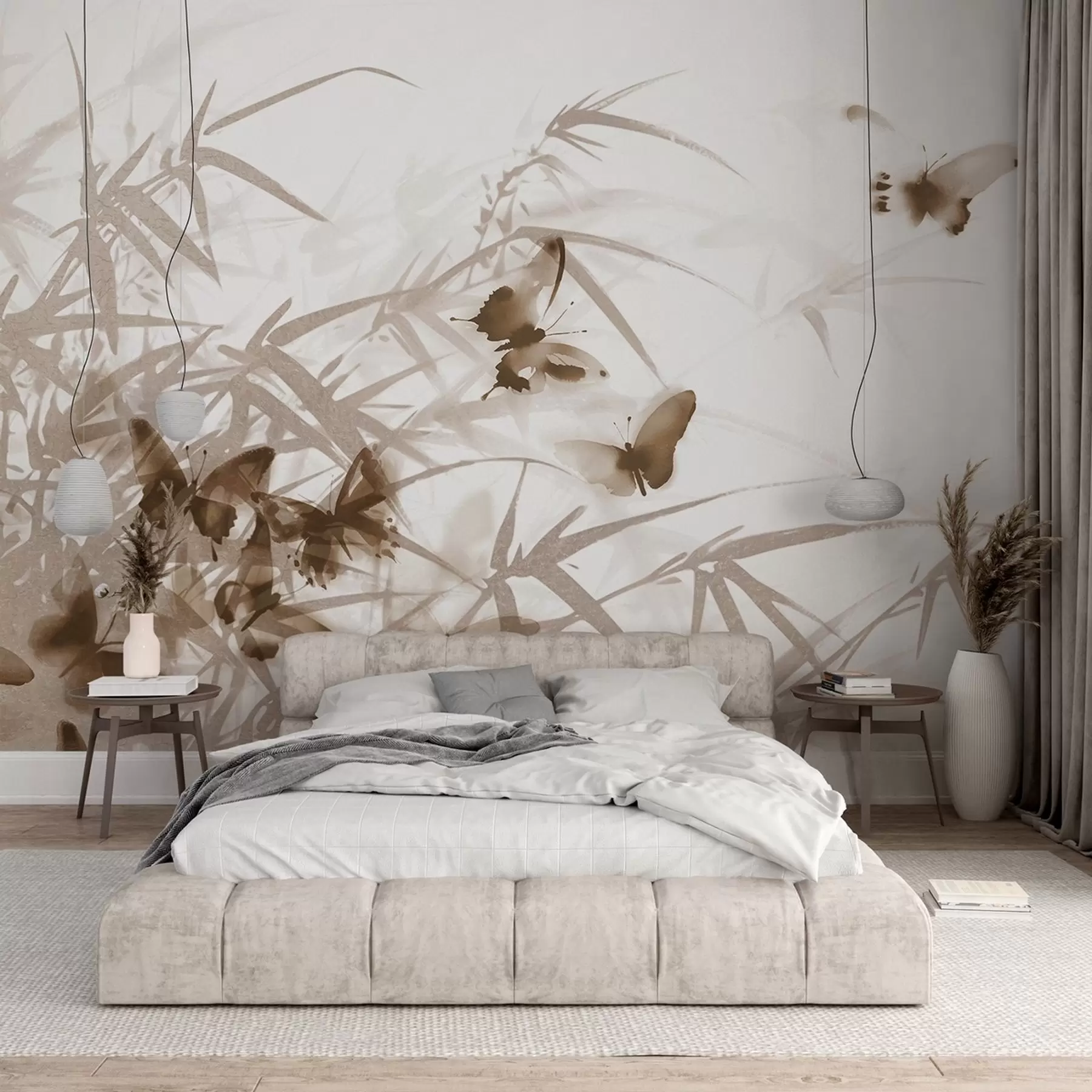 Fototapety Texturálne bambusové listy a stonky s lietajúcimi hnedými motýľmi s priehľadnými krídlami w08524v1