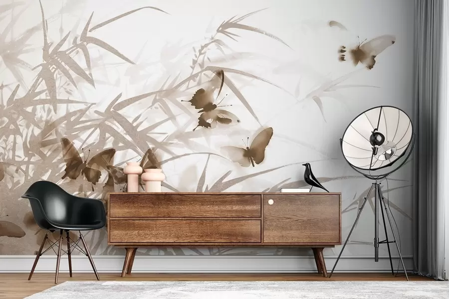 Fototapety Texturálne bambusové listy a stonky s lietajúcimi hnedými motýľmi s priehľadnými krídlami w08524v1