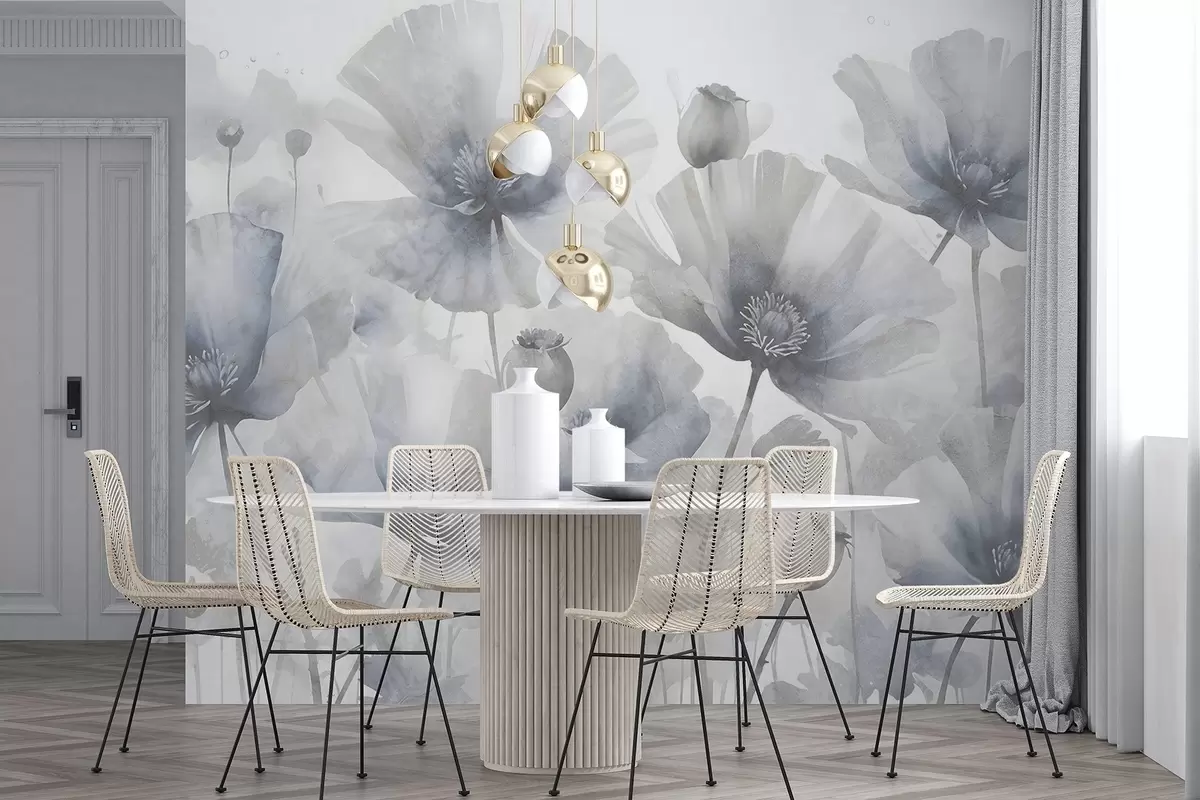 Fototapety Jemné texturálne grunge sivé a biele kvety s jemnými, rozmazanými okvetnými lístkami na bielom pozadí w08526 - Uwalls.sk Fototapety Jemné texturálne grunge sivé a biele kvety s jemnými, rozmazanými okvetnými lístkami na bielom pozadí w08526