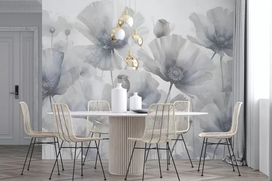 Fototapety Jemné texturálne grunge sivé a biele kvety s jemnými, rozmazanými okvetnými lístkami na bielom pozadí w08526