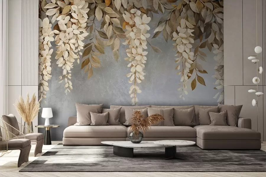 Fototapety Jemné biele a svetlo béžové kvety vistárie s kaskádovitými listami na jemnom sivom pozadí w08531