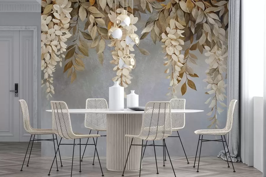 Fototapety Jemné biele a svetlo béžové kvety vistárie s kaskádovitými listami na jemnom sivom pozadí w08531 - Uwalls.sk Fototapety Jemné biele a svetlo béžové kvety vistárie s kaskádovitými listami na jemnom sivom pozadí w08531