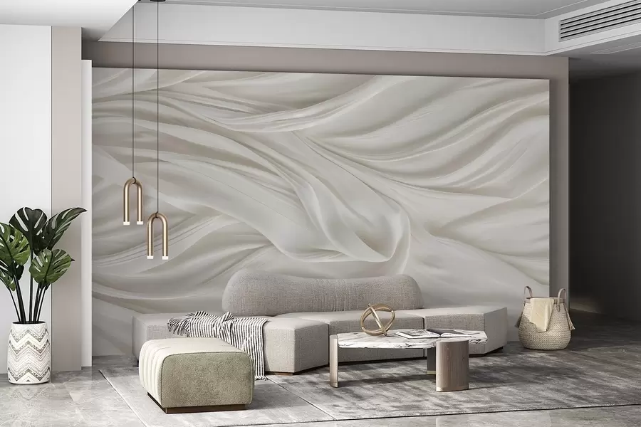 Fototapety Moderná potlač s imitáciou hladkej, splývavej bielej tkaniny s jemnými, vejárovitými záhybmi a záhybmi w08537