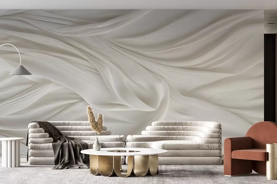 Fototapety Moderná potlač s imitáciou hladkej, splývavej bielej tkaniny s jemnými, vejárovitými záhybmi a záhybmi w08537