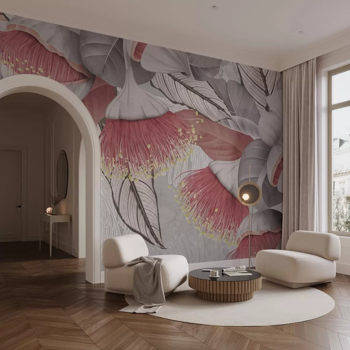 Fototapety Botanická ilustrácia veľkých eukaliptových kvetov s dlhými tyčinkami na sivom a bielom pozadí w08539