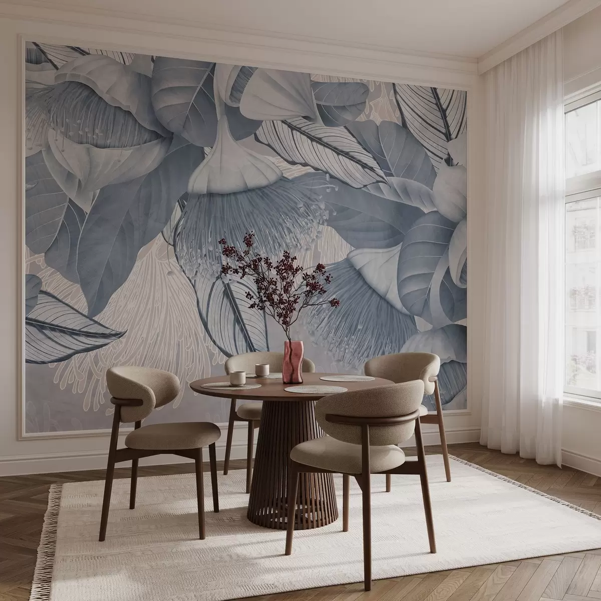 Fototapety Botanická ilustrácia veľkých modrých kvetov eukaliptu s dlhými tyčinkami na sivom a bielom pozadí w08539v1