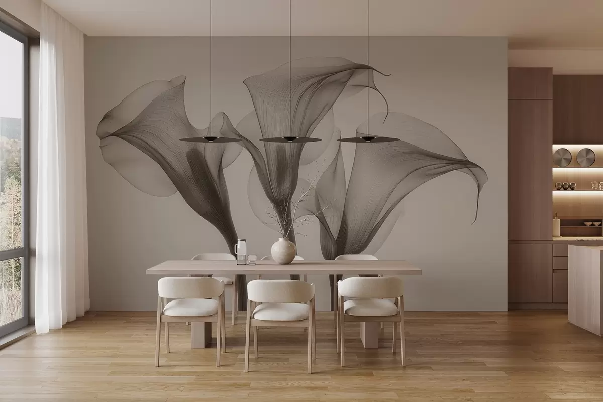 Fototapety vzdušné transparentné kvety Zantedeschia v béžových tónoch  w02632 - Uwalls.sk Fototapety vzdušné transparentné kvety Zantedeschia v béžových tónoch  w02632