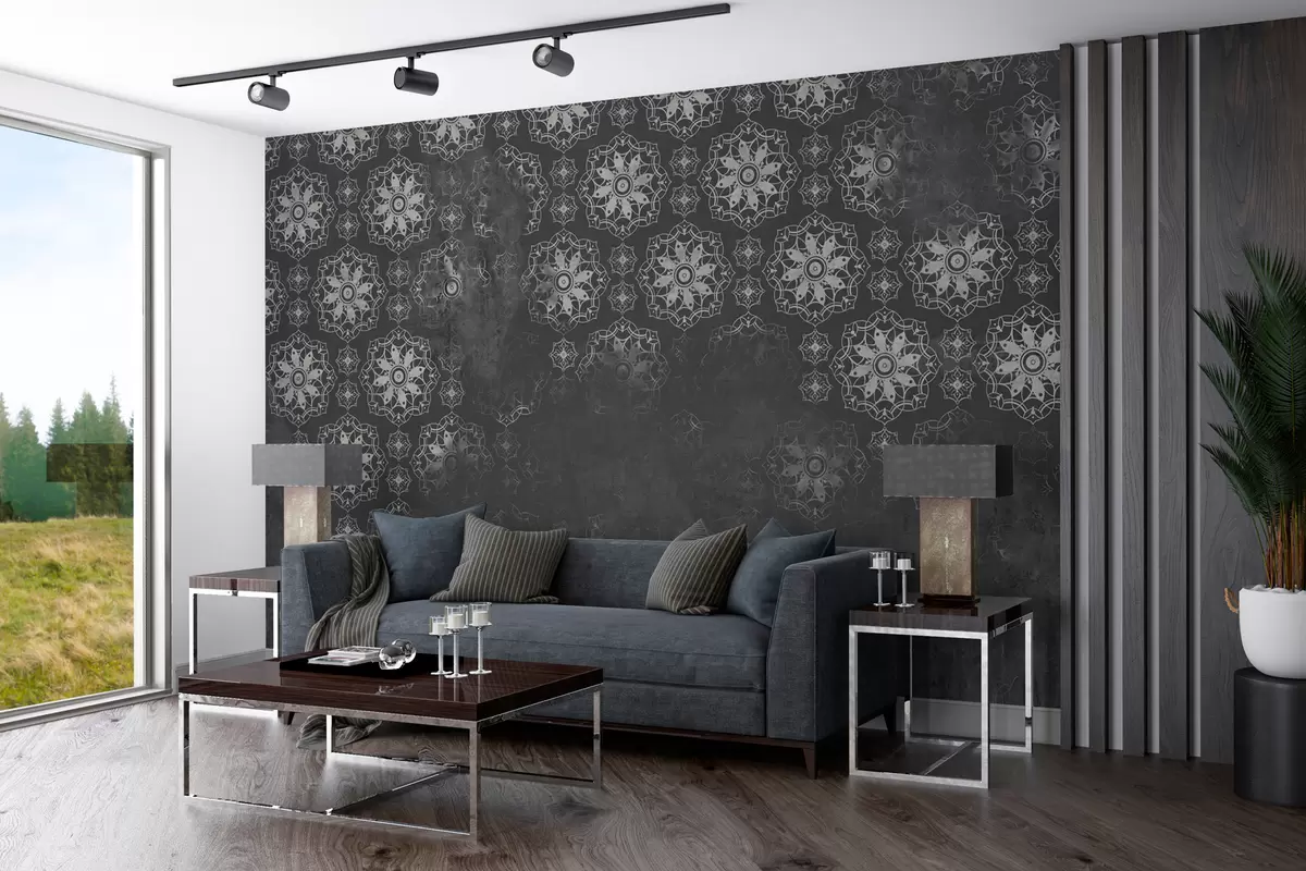 Fototapety Vintage dizajn s prvkami mandaly a narušeným efektom v sivej farbe w02551v1