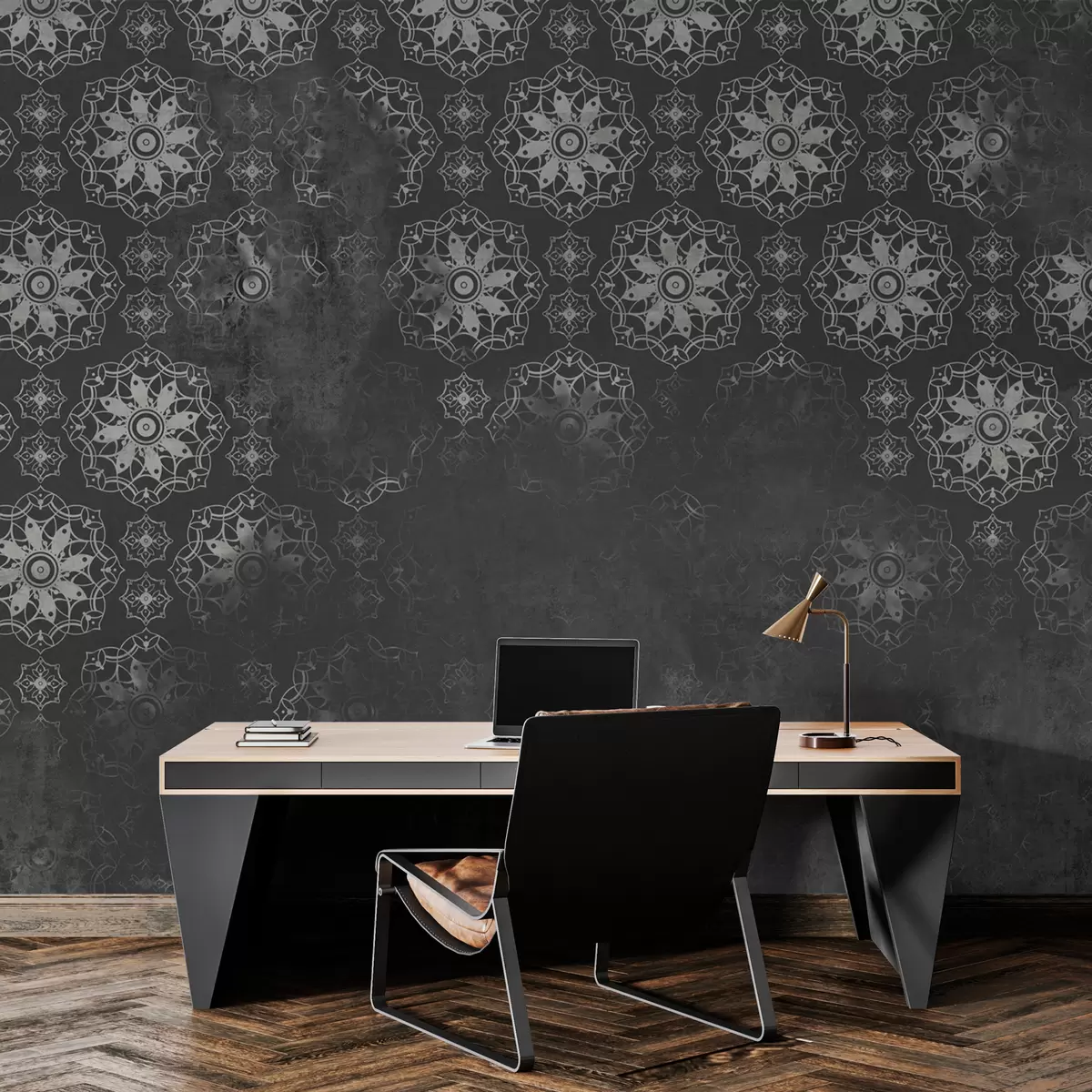 Fototapety Vintage dizajn s prvkami mandaly a narušeným efektom v sivej farbe w02551v1