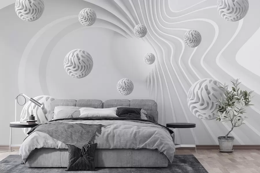Fototapety 3D sivá abstrakcia s guľami a hĺbkovým efektom w08553