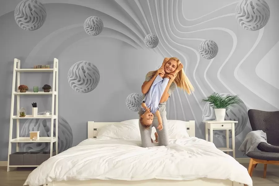 Fototapety 3D sivá abstrakcia s guľami a hĺbkovým efektom w08553
