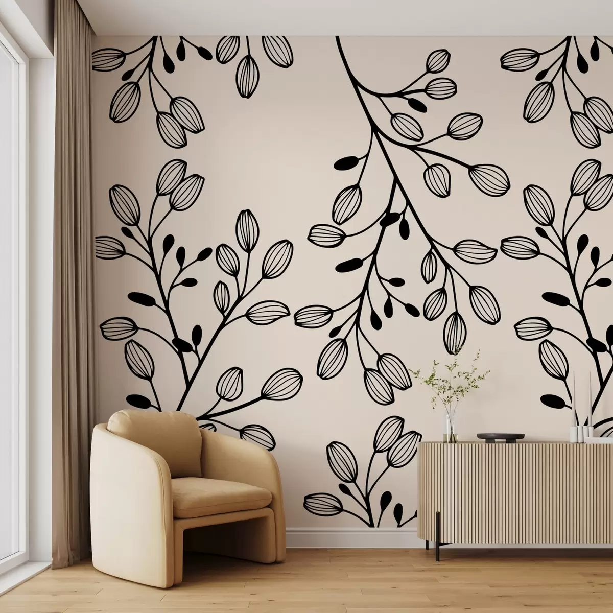 Fototapety maľované vetvičky na béžovom pozadí w02665