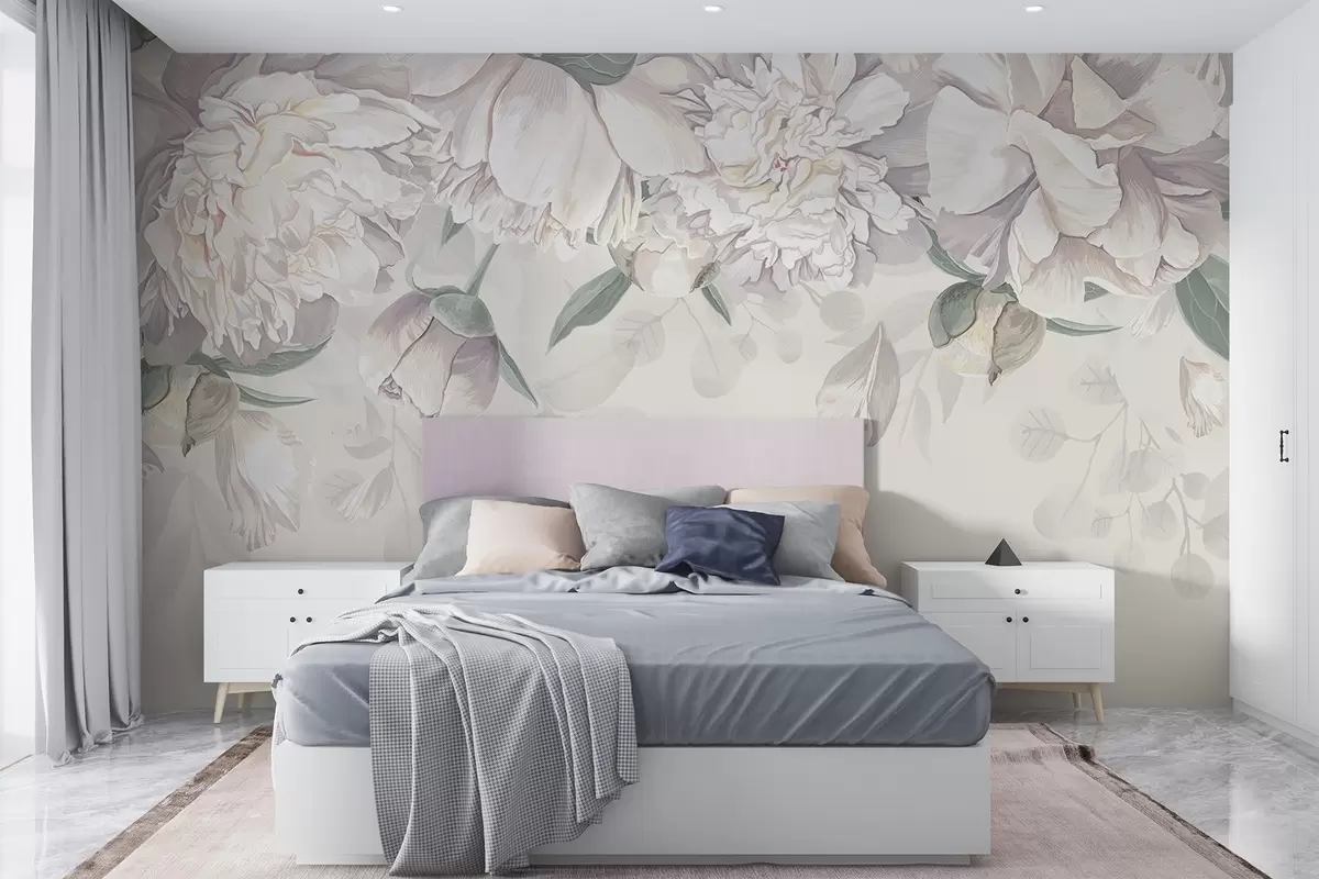 Fototapety Jemné biele a ružové pastelové pivonky so zelenými listami naaranžované v jemnom romantickom kvetinovom pozadí w08577 - Uwalls.sk Fototapety Jemné biele a ružové pastelové pivonky so zelenými listami naaranžované v jemnom romantickom kvetinovom pozadí w08577