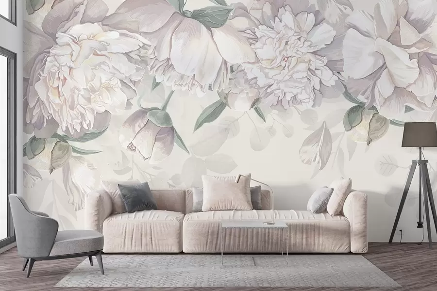 Fototapety Jemné biele a ružové pastelové pivonky so zelenými listami naaranžované v jemnom romantickom kvetinovom pozadí w08577