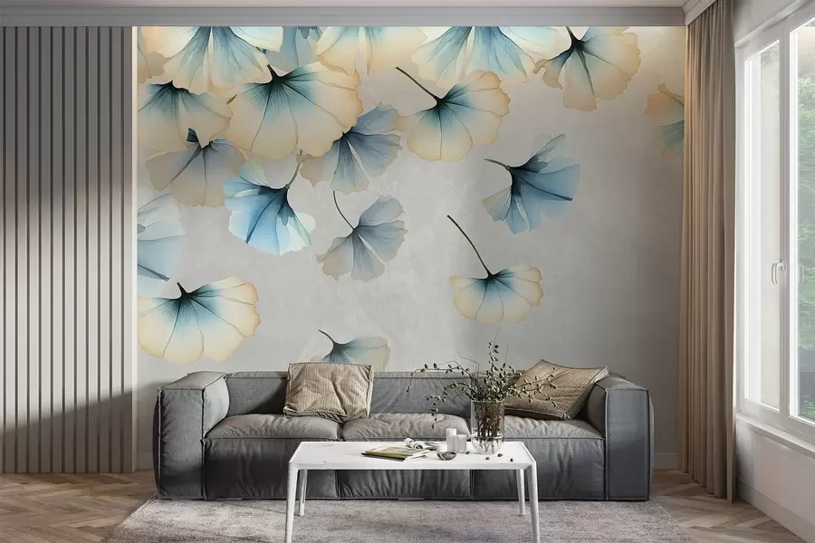 Fototapety Pastelovo sfarbené modré a žlté listy ginka s jemnými okvetnými lístkami vznášajúcimi sa vo vzduchu na texturálnom pozadí w08578v1