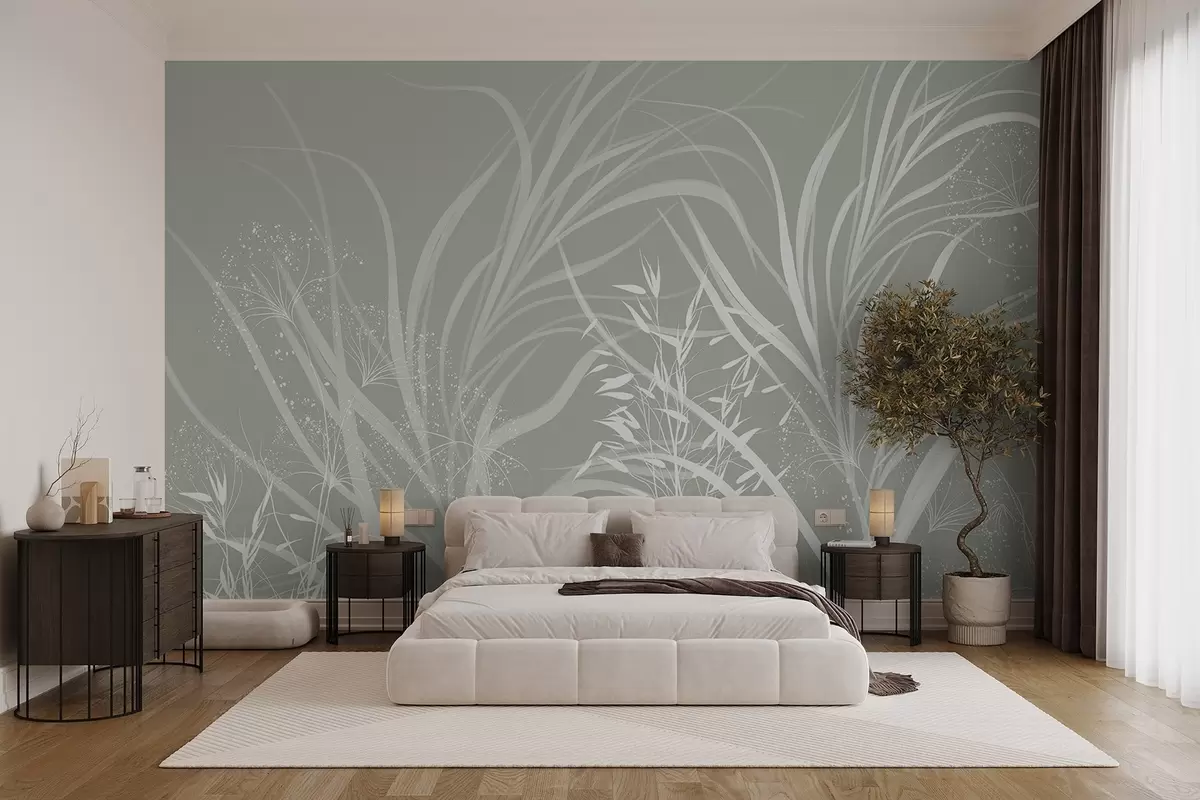 Fototapety Jemná moderná minimalistická biela kvetinová potlač na svetlom pastelovo zelenom pozadí w08583v1 - Uwalls.sk Fototapety Jemná moderná minimalistická biela kvetinová potlač na svetlom pastelovo zelenom pozadí w08583v1