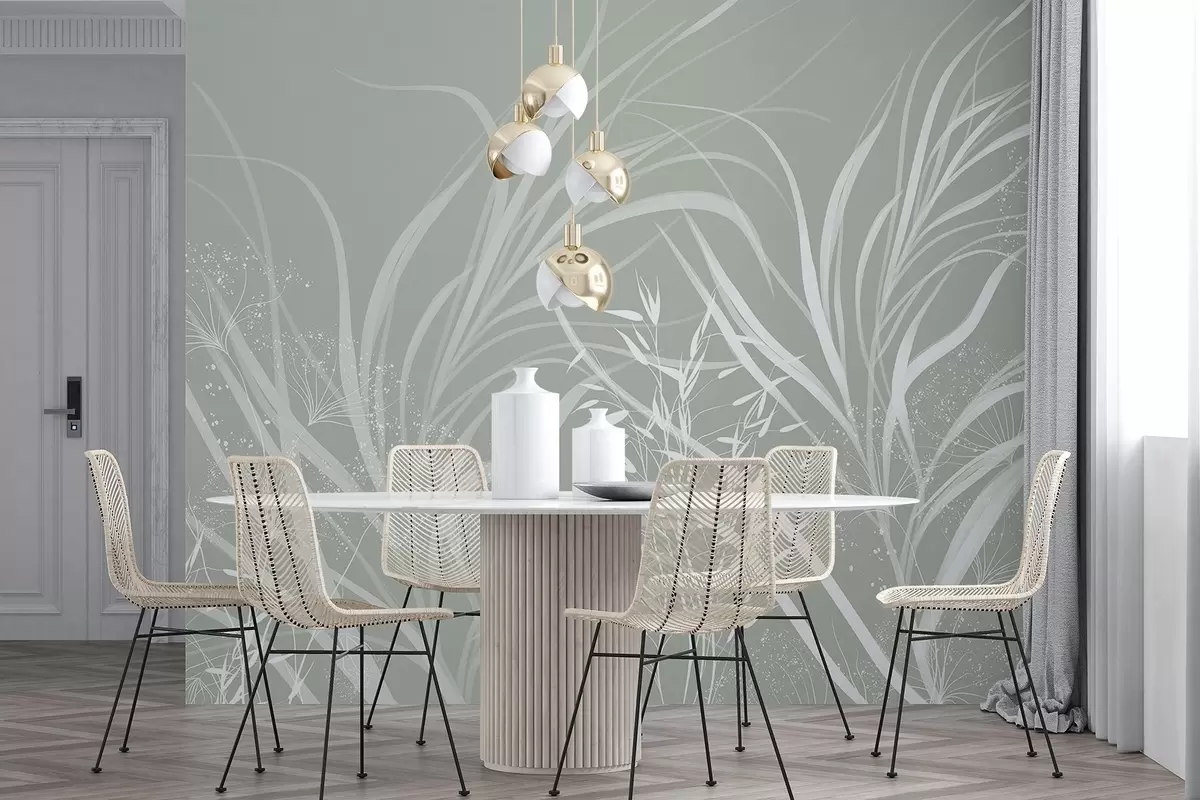 Fototapety Jemná moderná minimalistická biela kvetinová potlač na svetlom pastelovo zelenom pozadí w08583v1 - Uwalls.sk Fototapety Jemná moderná minimalistická biela kvetinová potlač na svetlom pastelovo zelenom pozadí w08583v1