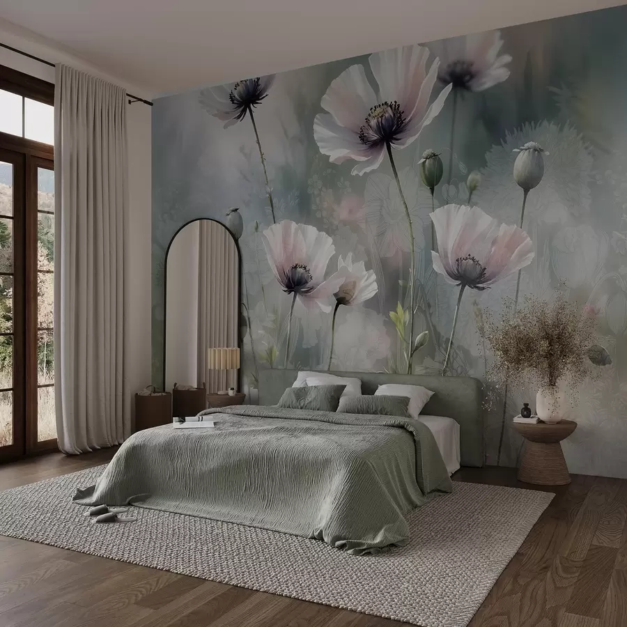 Fototapety Jemné ružové a fialové maky so zelenými stonkami a púčikmi na jemnom, rozmazanom textúrovanom pozadí w08585