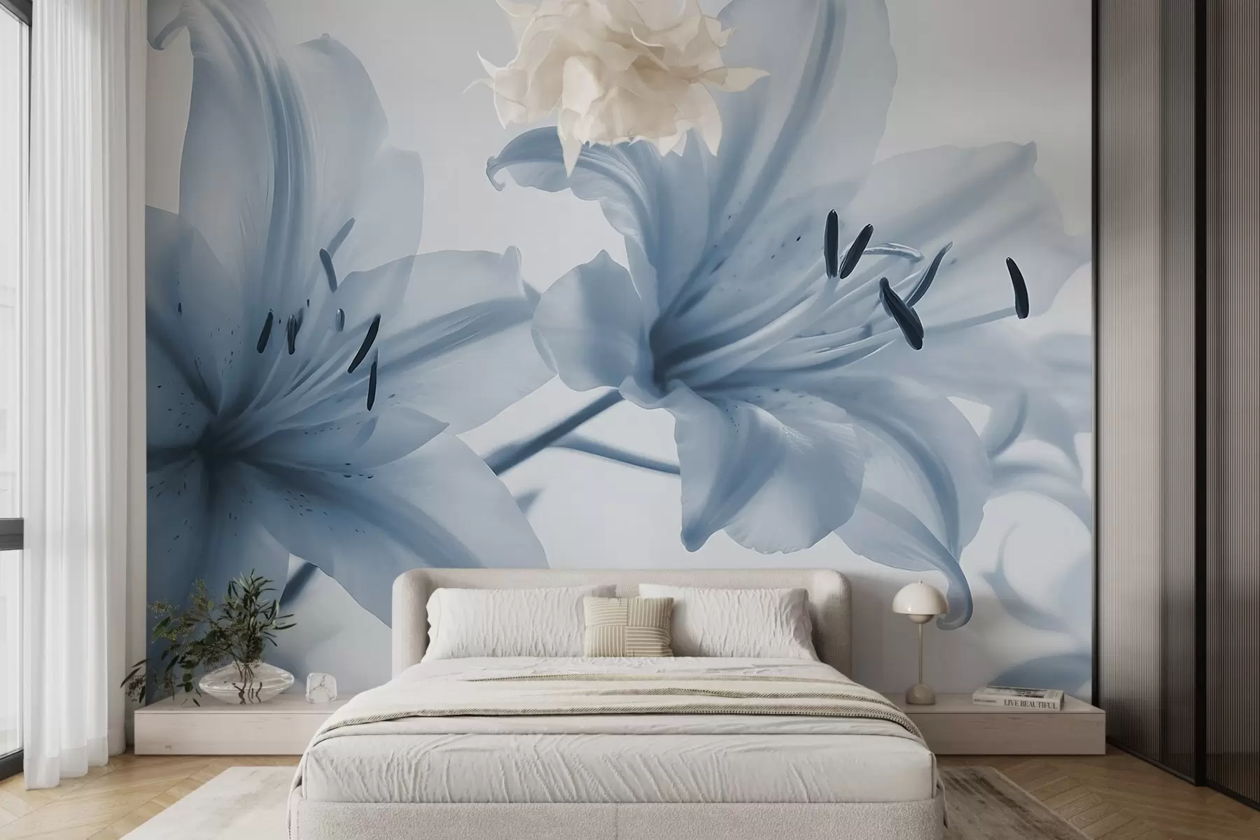 Fototapety Mäkké zaostrenie priblíženia modrých minimalistických kvetov ľalií na svetlom pozadí w08586