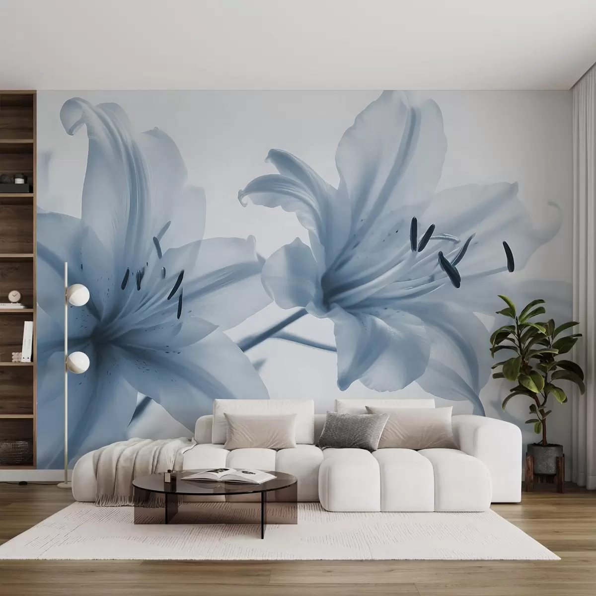 Fototapety Mäkké zaostrenie priblíženia modrých minimalistických kvetov ľalií na svetlom pozadí w08586