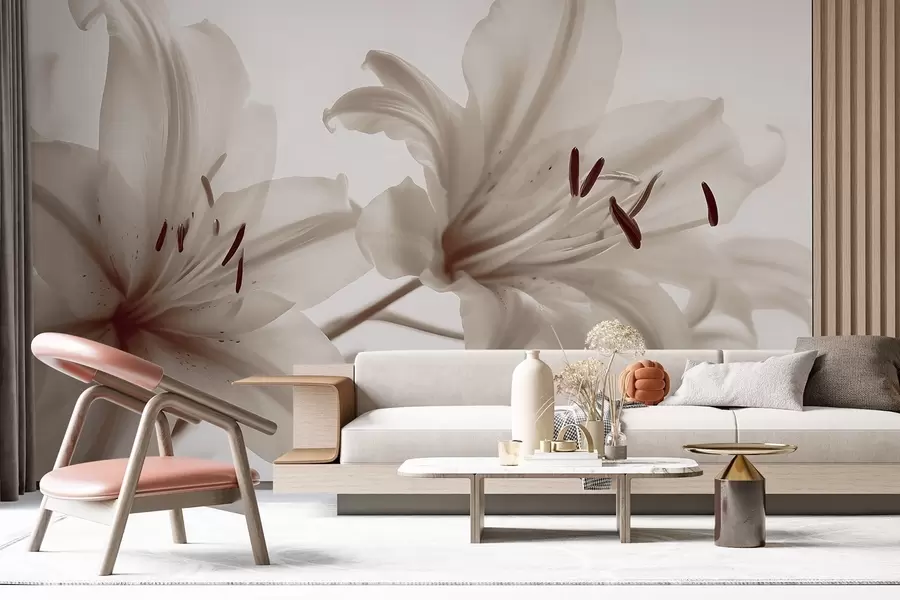 Fototapety Mäkké zaostrenie priblíženia béžových minimalistických kvetov ľalií na svetlom pozadí w08586v1