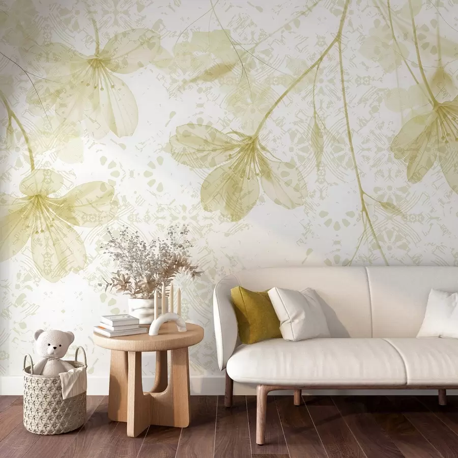 Fototapety Jemné žlté a biele kvety s dlhými stonkami a okvetnými lístkami na jemnom, rozmazanom texturálnom pozadí w08588v2