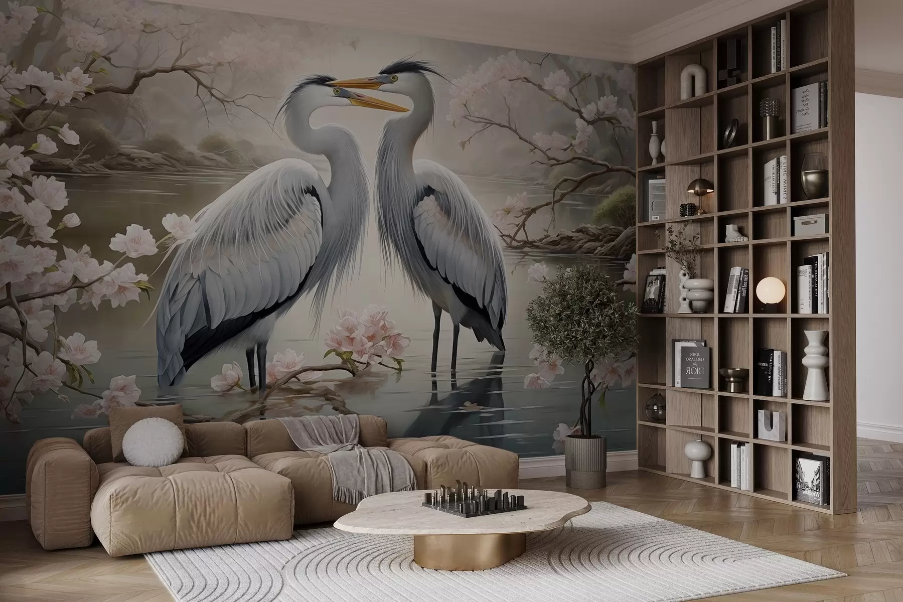 Fototapety Pár bocianov v rozkvitnutej záhrade w02621