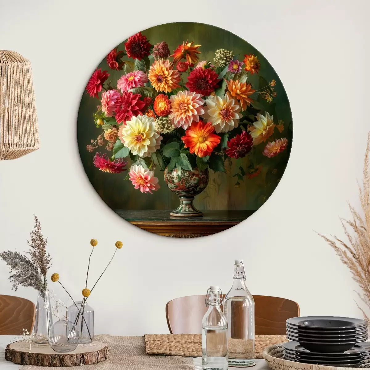 Okrúhle obrazy Svieža kytica chryzantém vo váze na pozadí hlbokej zelene r41001