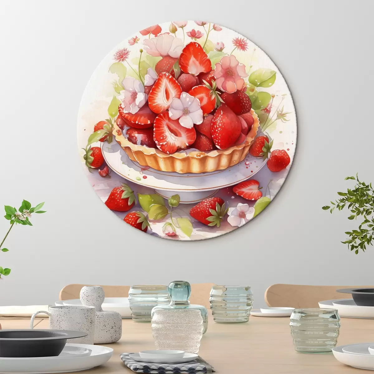 Okrúhle obrazy Jahodový koláč, akvarel, kvety r41177