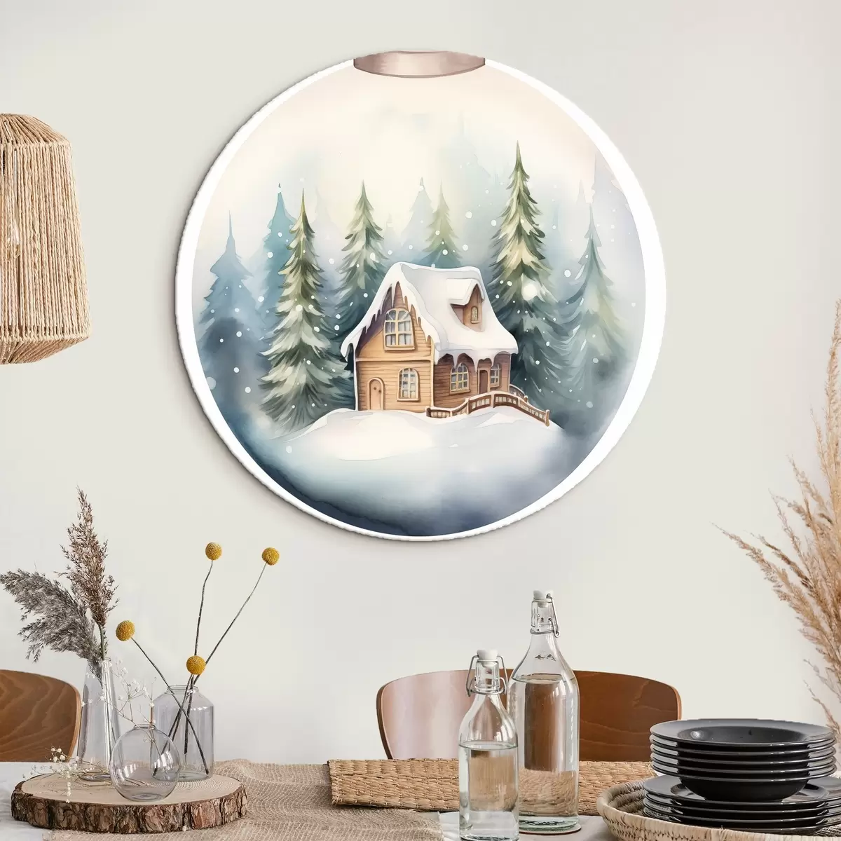 Okrúhle obrazy Akvarelová krištáľová guľa so zimnou scenériou, dom v lese, sneh r41366