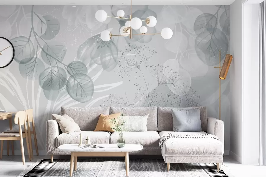 Fototapety Kvetinové prvky eukaliptu v modrých a bielych odtieňoch s prekrývajúcimi sa listami a okvetnými lístkami v minimalistickom štýle w08599