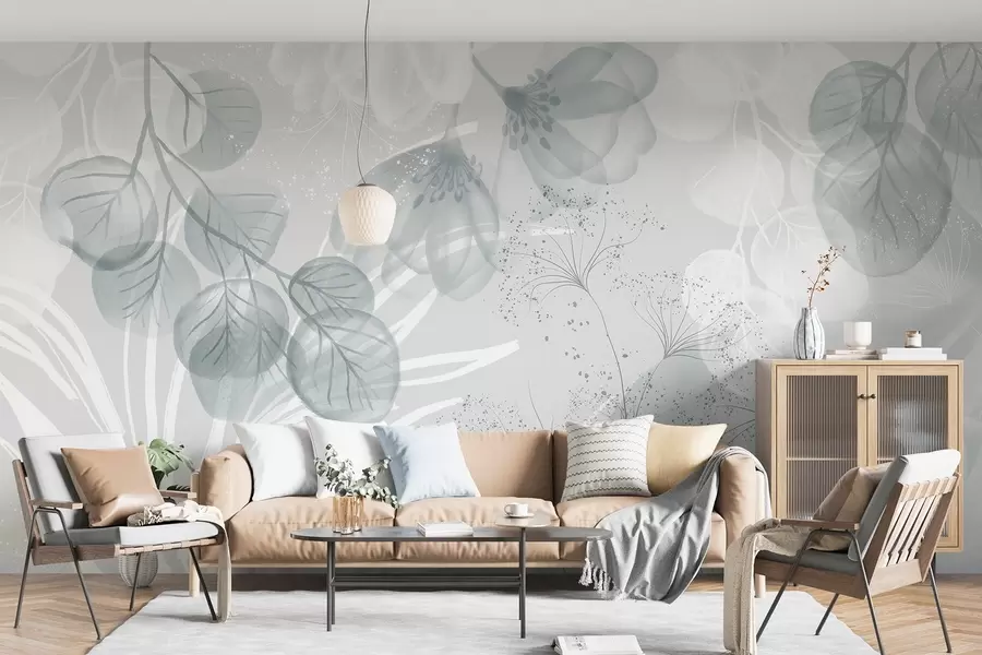 Fototapety Kvetinové prvky eukaliptu v modrých a bielych odtieňoch s prekrývajúcimi sa listami a okvetnými lístkami v minimalistickom štýle w08599