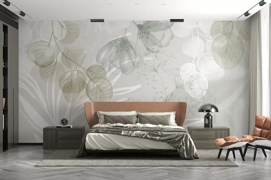Fototapety Kvetinové prvky eukaliptu v zelených a bielych odtieňoch s prekrývajúcimi sa listami a okvetnými lístkami v minimalistickom štýle w08599v1