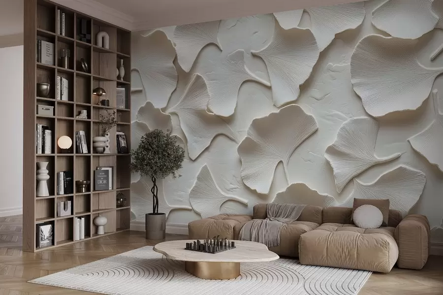 Fototapety Štuk s jemným reliéfom listov ginka na bielom pozadí w08560v1