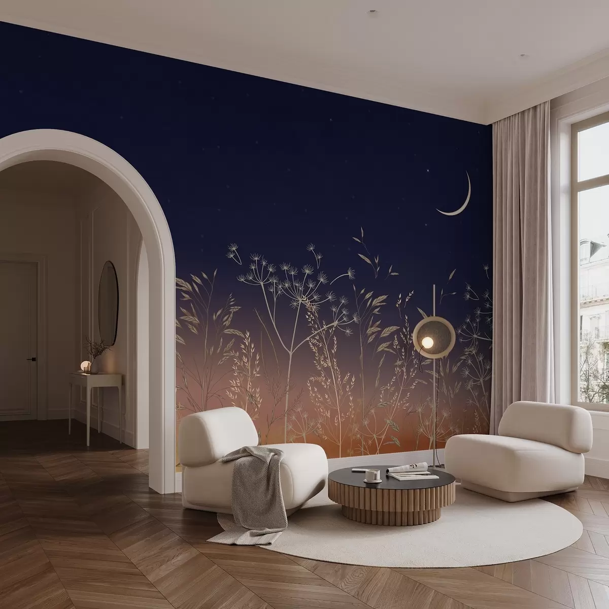 Fototapety Púpavy s divokými kvetmi na pozadí západu slnka s modrou oblohou a mesiacom w08567