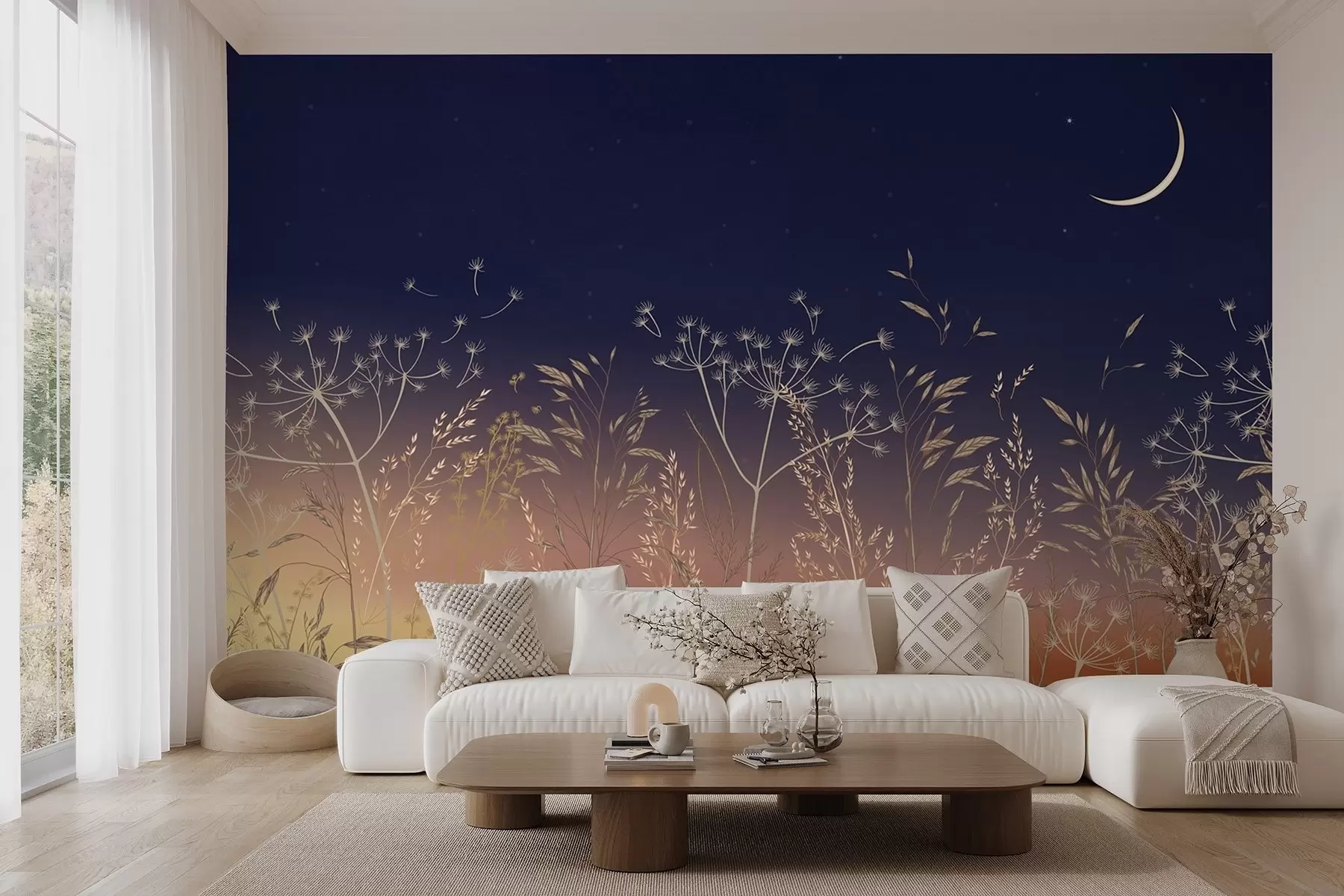 Fototapety Púpavy s divokými kvetmi na pozadí západu slnka s modrou oblohou a mesiacom w08567