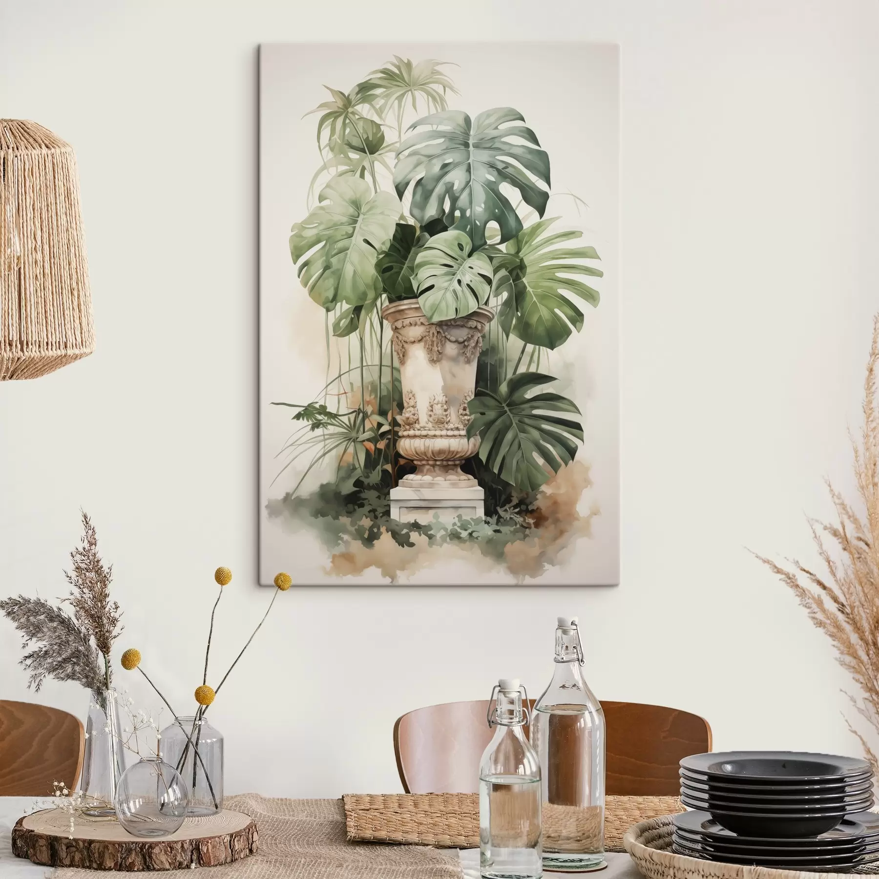 Fototapety Listy tropickej monstery na stĺpci imitujúcom akvarel s42351