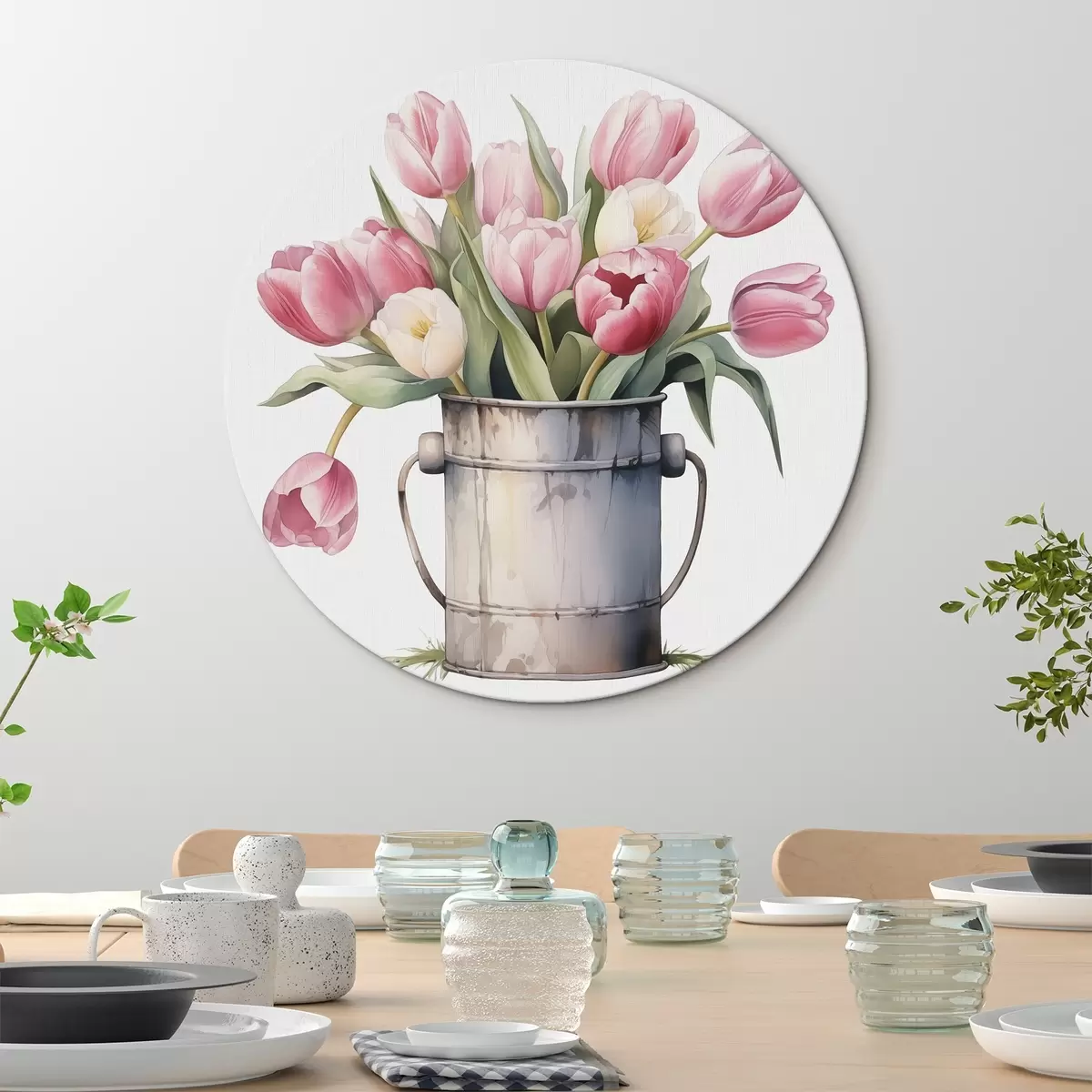 Okrúhle obrazy Kytica tulipánov vo vedre s imitáciou akvarelu r42353
