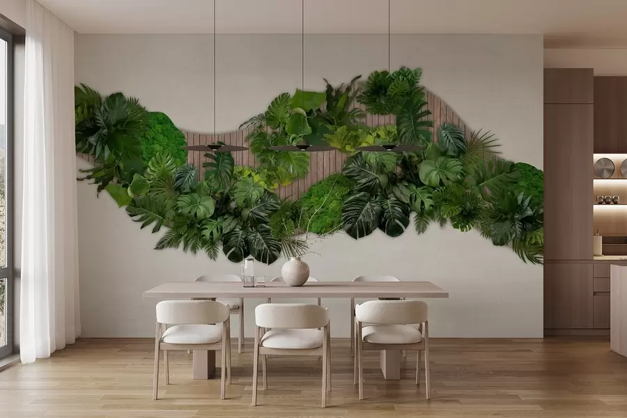 Fototapety Kvetinový panel s palmovými listami, machom a dreveným pozadím w02717