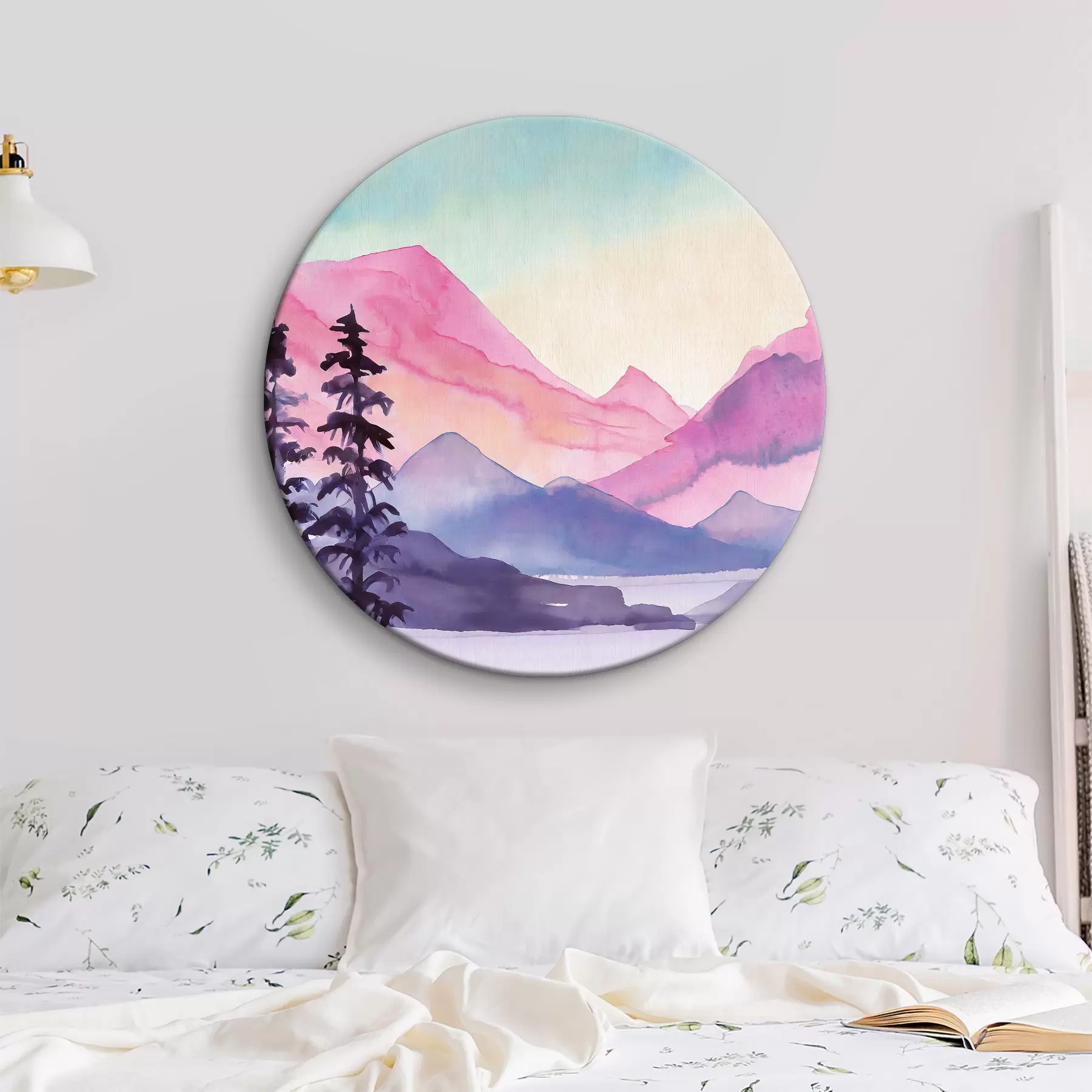 Fototapety Akvarel Horská krajina, východ slnka, jemné fialové, ružové a modré farby r36496