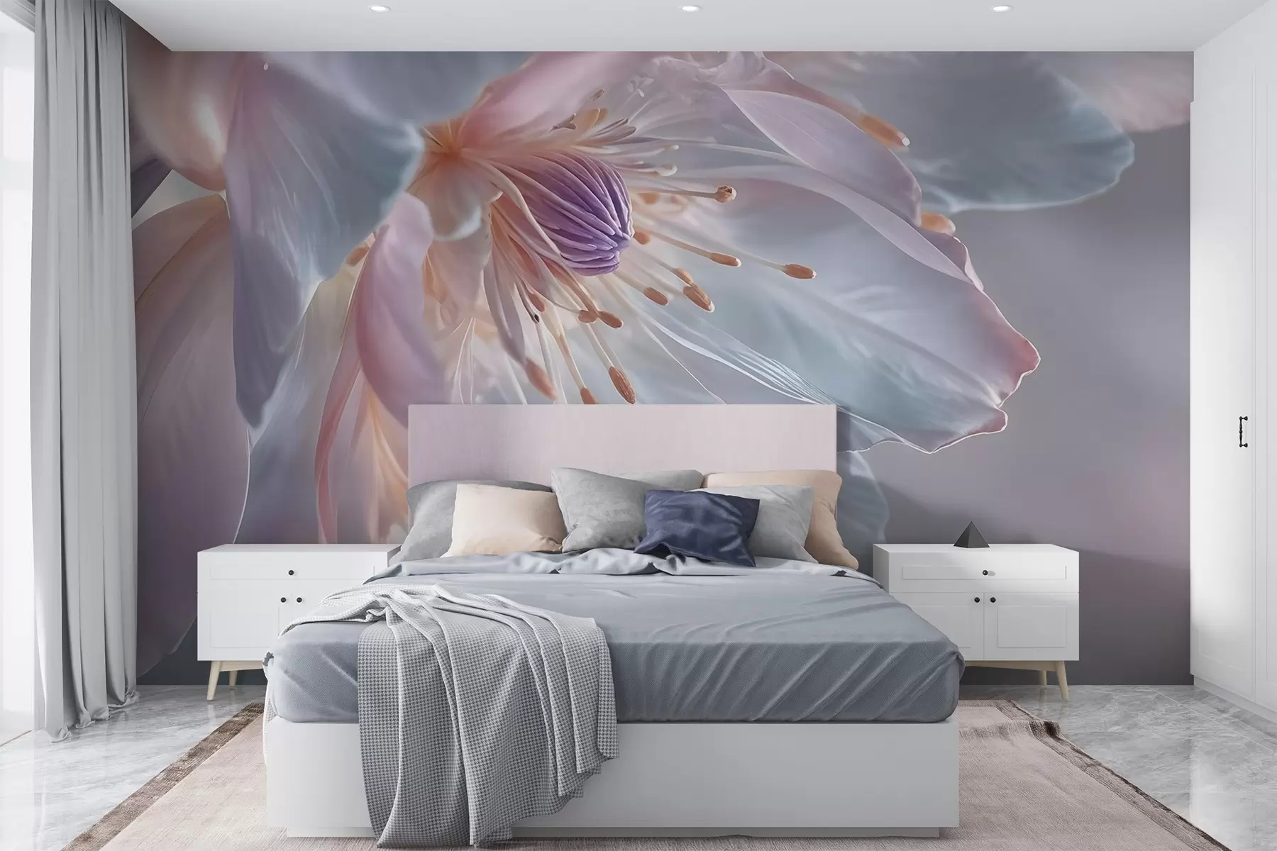 Fototapety Detailný záber na jemný, pastelovo sfarbený kvet s jemnými, priesvitnými okvetnými lístkami a žiarivým stredom w08605