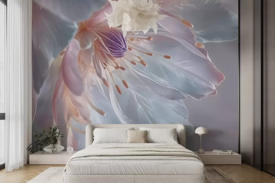 Fototapety Detailný záber na jemný, pastelovo sfarbený kvet s jemnými, priesvitnými okvetnými lístkami a žiarivým stredom w08605
