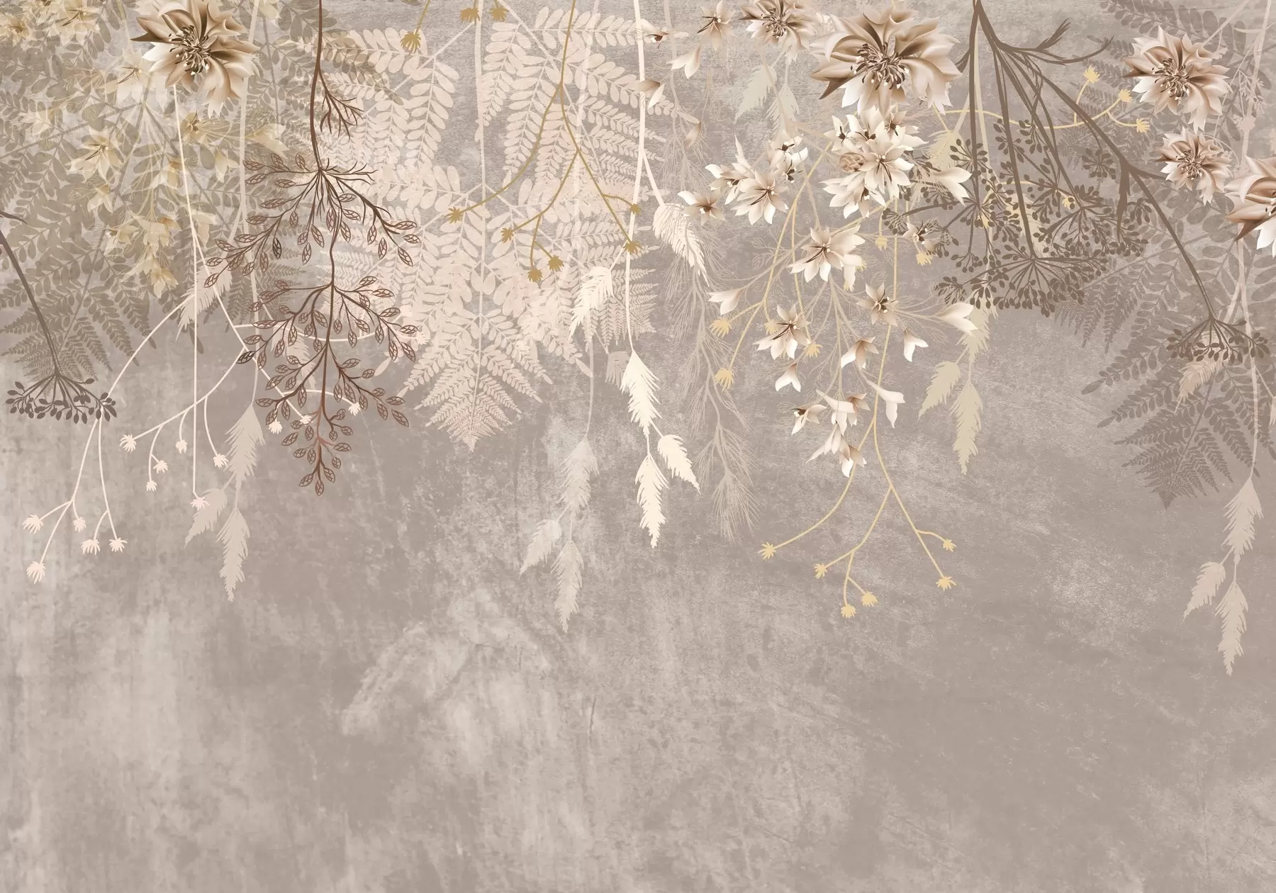 Fototapety Zasnené, jemné, múdre rastliny, klásky a kvety v hnedých pastelových farbách na hmlistom, štruktúrovanom pozadí w08606v1