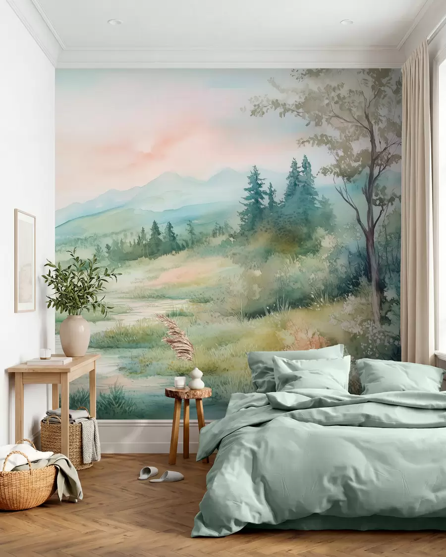 Fototapety akvarelová krajina s cestou a horami w02764