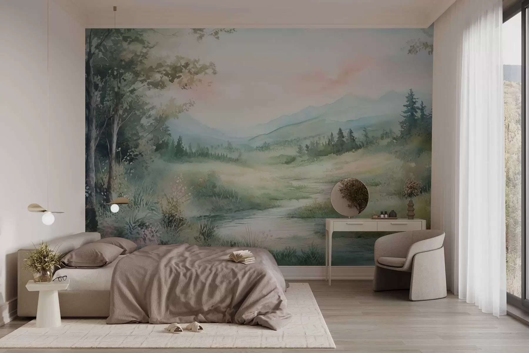 Fototapety akvarelová krajina s cestou a horami w02764