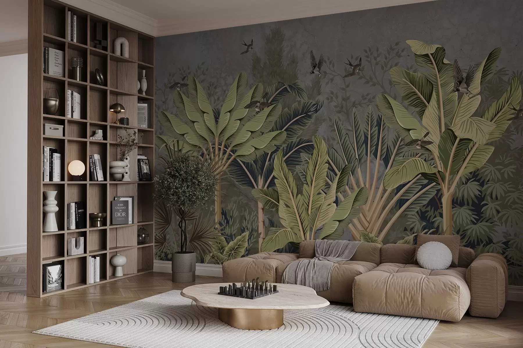 Fototapety Tropická džungľa s veľkými listami, palmovými listami a farebným lístím v popredí na textúrovanom pozadí w08641