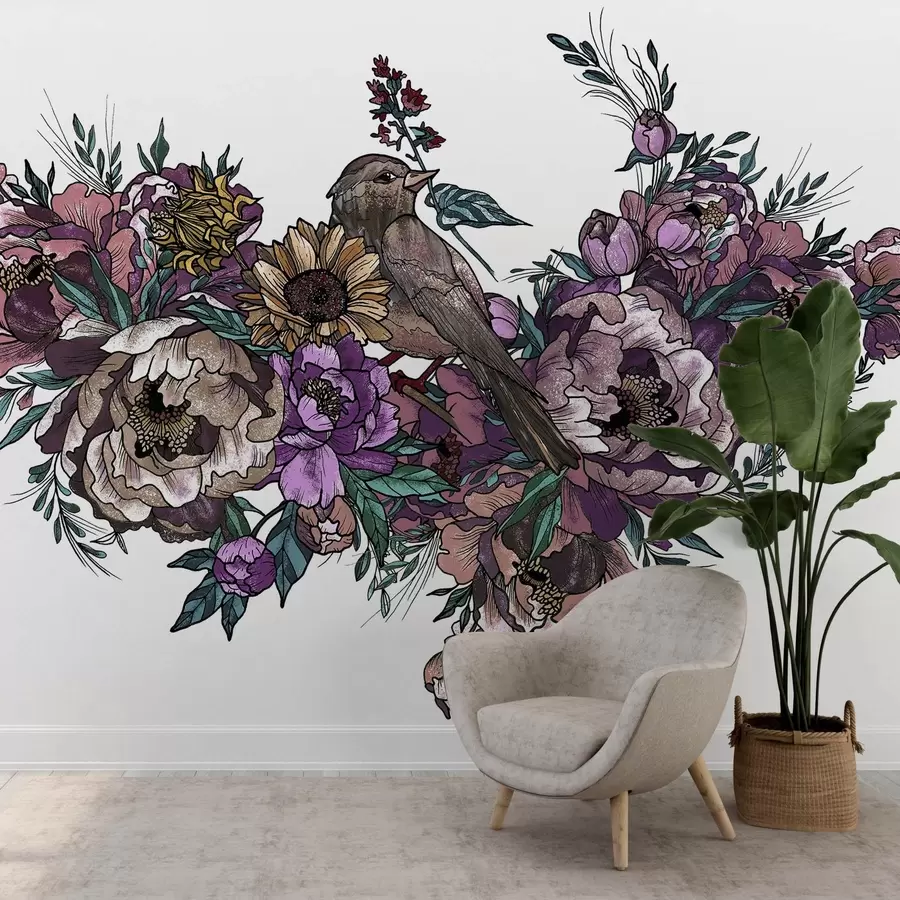 Fototapety Farebná kvetinová a vtáčia ilustrácia na bielej w02833v2